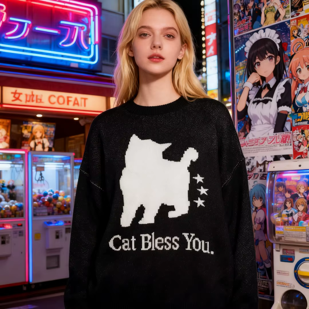 Pull tricoté chat noir pour femmes