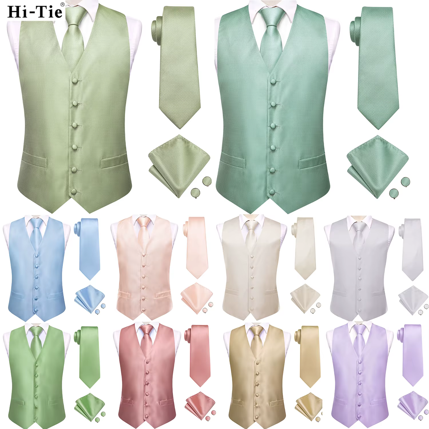 Gilet de costume homme vert sauge uni à motif floral, ensemble 4 pièces, avec gilet bleu tissé, cravate, pochette de costume et boutons de manchette, pour affaires, mariage et cérémonie