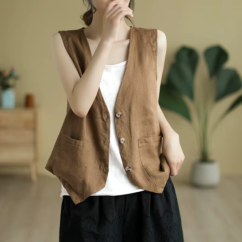 Gilet en lin et coton pour femmes, sans manches, style Boho, col en v, court, décontracté, sur chemise, léger, couleur unie, vêtements d'extérieur, été