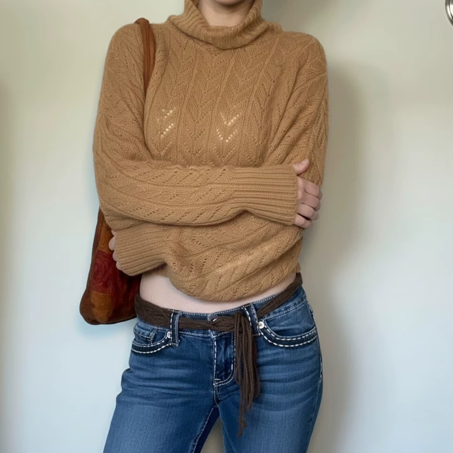 Col roulé marron tricoté pull Vintage femmes manches longues chauve-souris évider bouton tirer taille