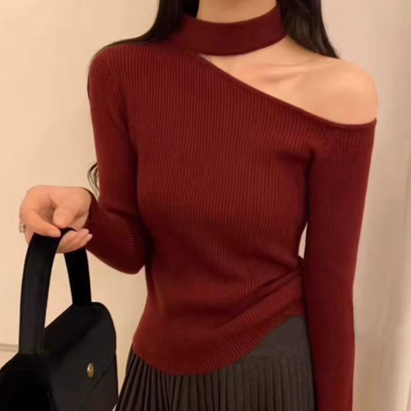 Automne Style coréen pull femmes hauts pullover épaules dénudées à manches longues tricoté chandails