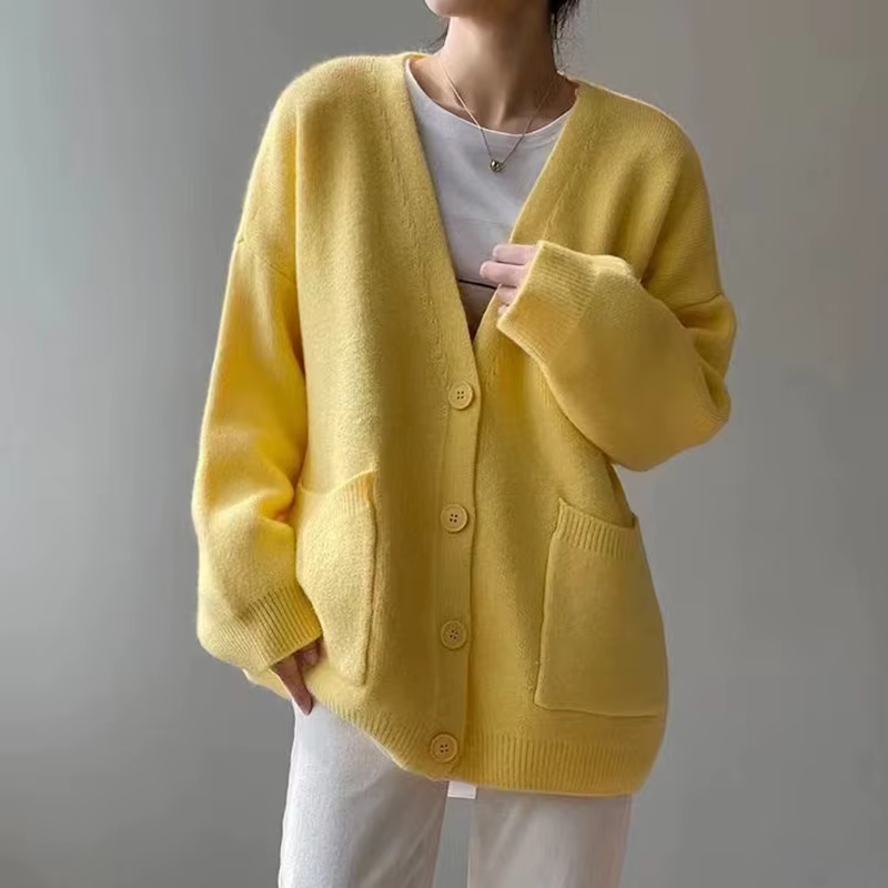 Cardigan chic jaune à simple boutonnage pour femme