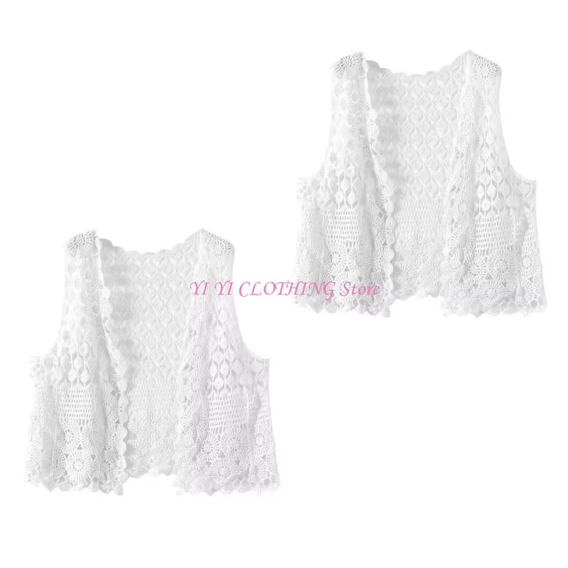 Gilet cardigan court sans manches en crochet pour femme