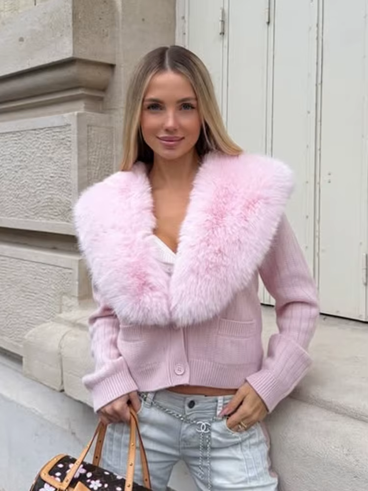 Cardigan court élégant en fourrure patchwork rose pour femme