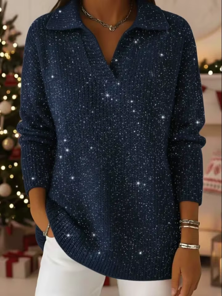 Mode paillettes pull dame décontracté tricot à manches longues col en V
