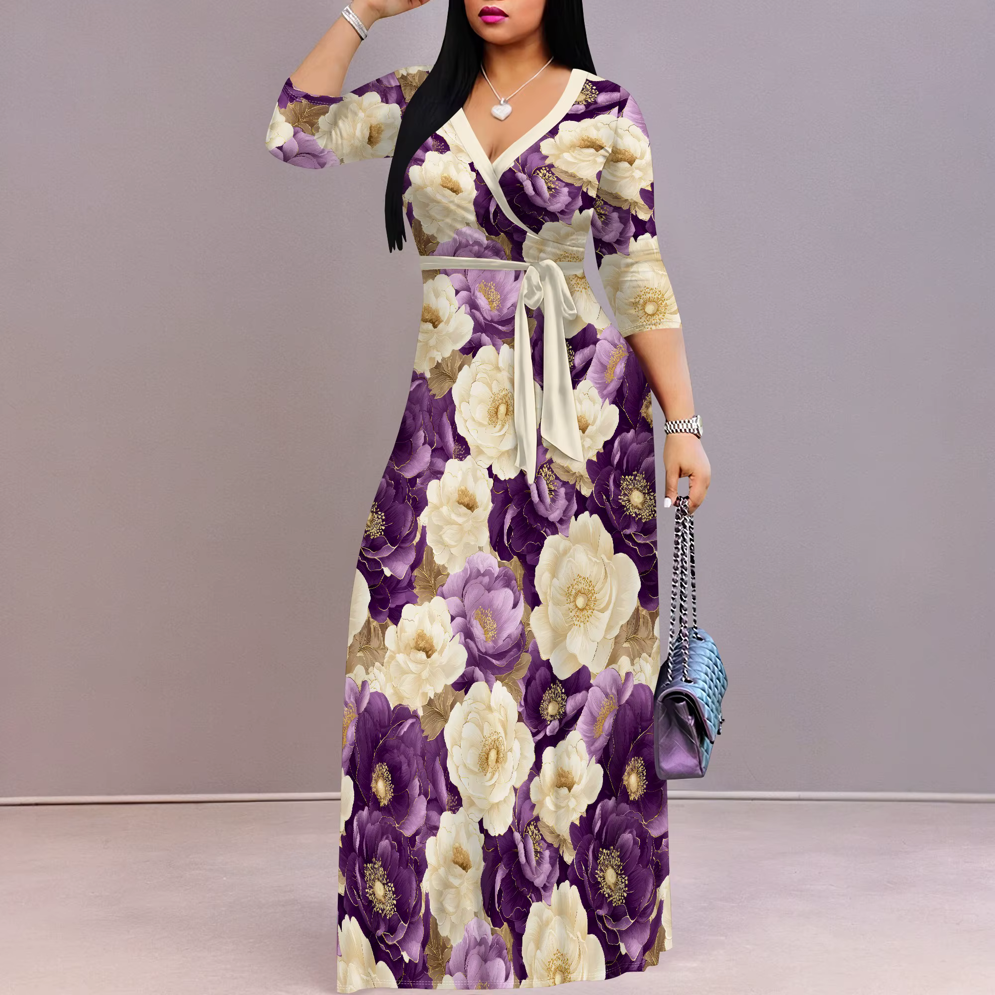 Robe portefeuille florale à col en V – Robe mi-longue fluide à nouer à la taille, robe d'été Boho pour femme