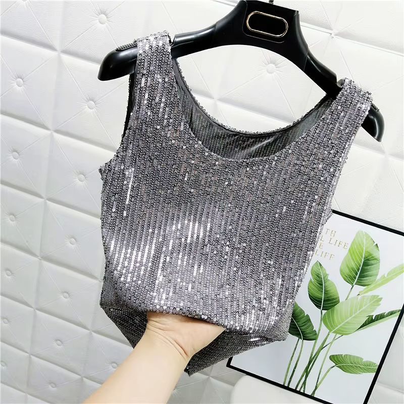 Gilet à paillettes scintillantes et col rond pour femmes