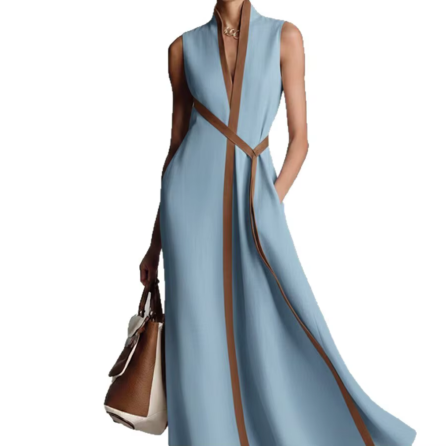 Robe en lin color block pour femme, col montant, sans manches, en coton, tenue longue printemps-été