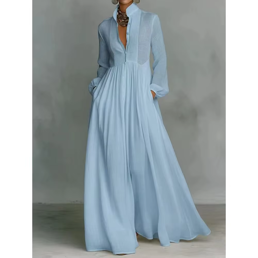 Robe de soirée élégante à col montant et manches longues, Nouvelles robes décontractées unies pour femmes Printemps 2026, Robes à poches pour femmes à simple boutonnage
