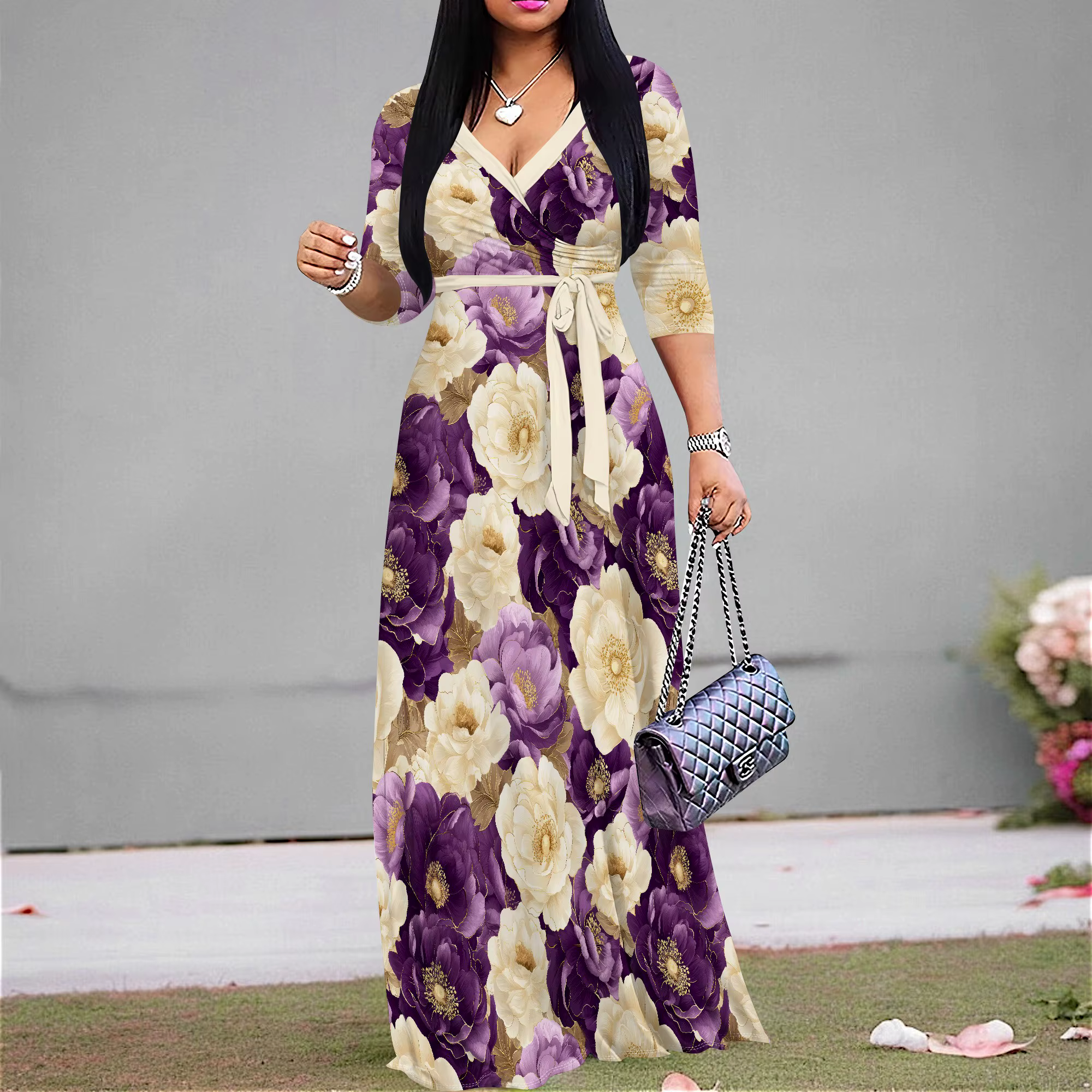 Robe portefeuille florale à col en V – Robe mi-longue fluide à nouer à la taille, robe d'été Boho pour femme