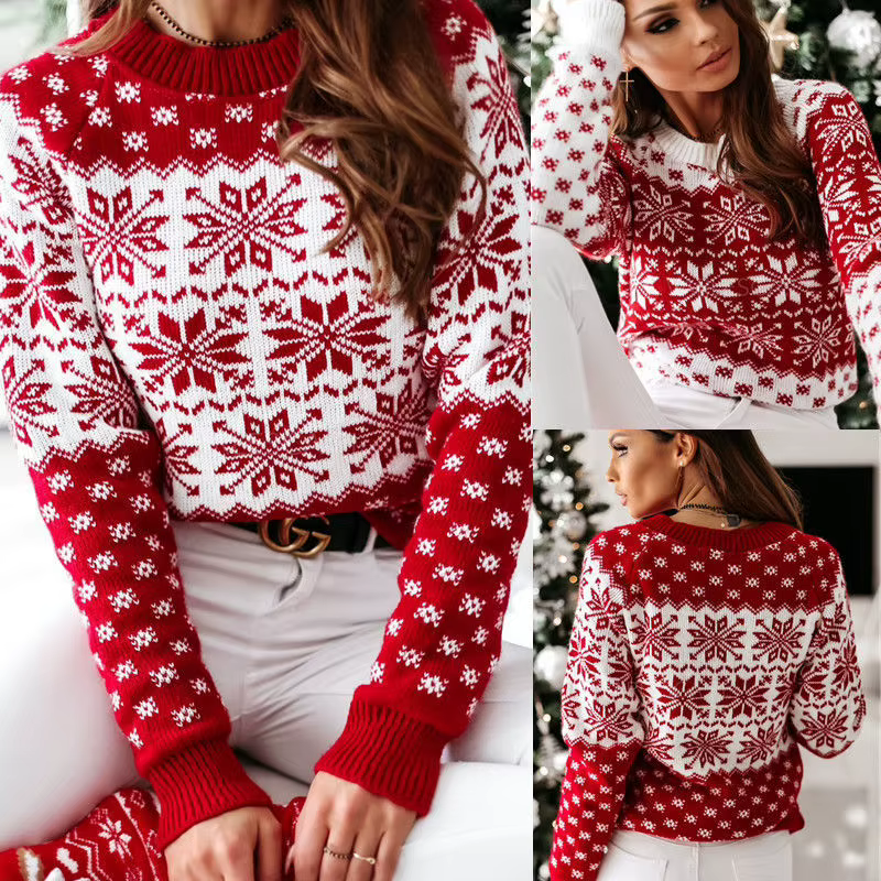 Nouveau Style femmes noël flocon de neige pull hiver chaud tricoté à manches longues O cou hauts