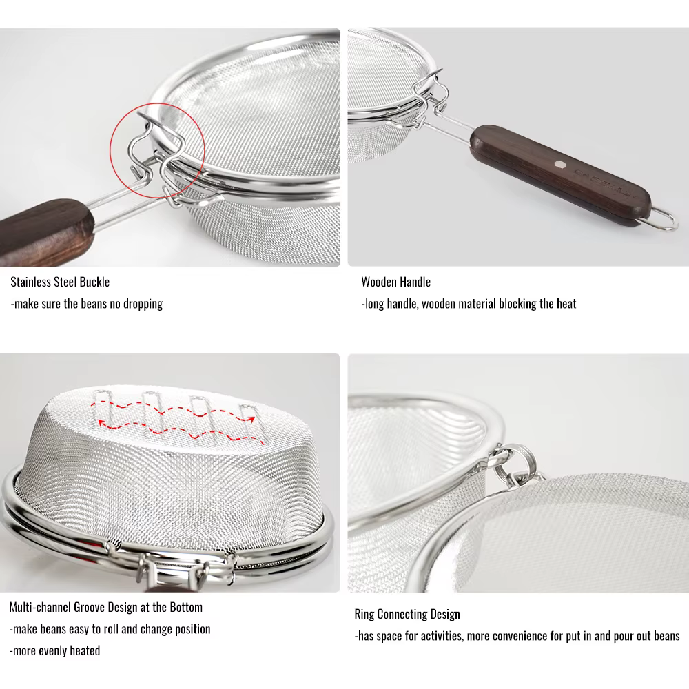 CAFEMASY – torréfacteur à café en acier inoxydable, treillis métallique avec manche en bois, filet de torréfaction de grains de café, usage domestique, outils à café en maille de torréfaction