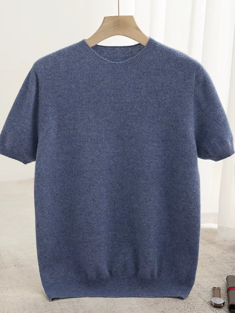 T-shirt classique pour homme, pull 100% laine mérinos, col rond, manches courtes, vêtements décontractés élégants, vêtements basiques, tricot en cachemire