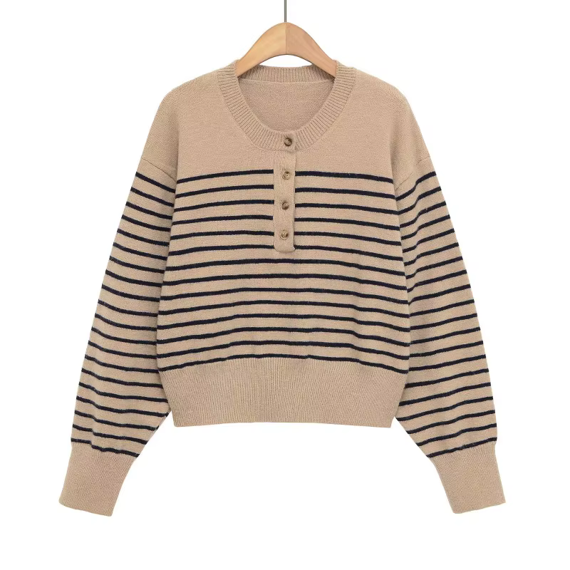 Col rond rayé tricoté pull femmes confortable