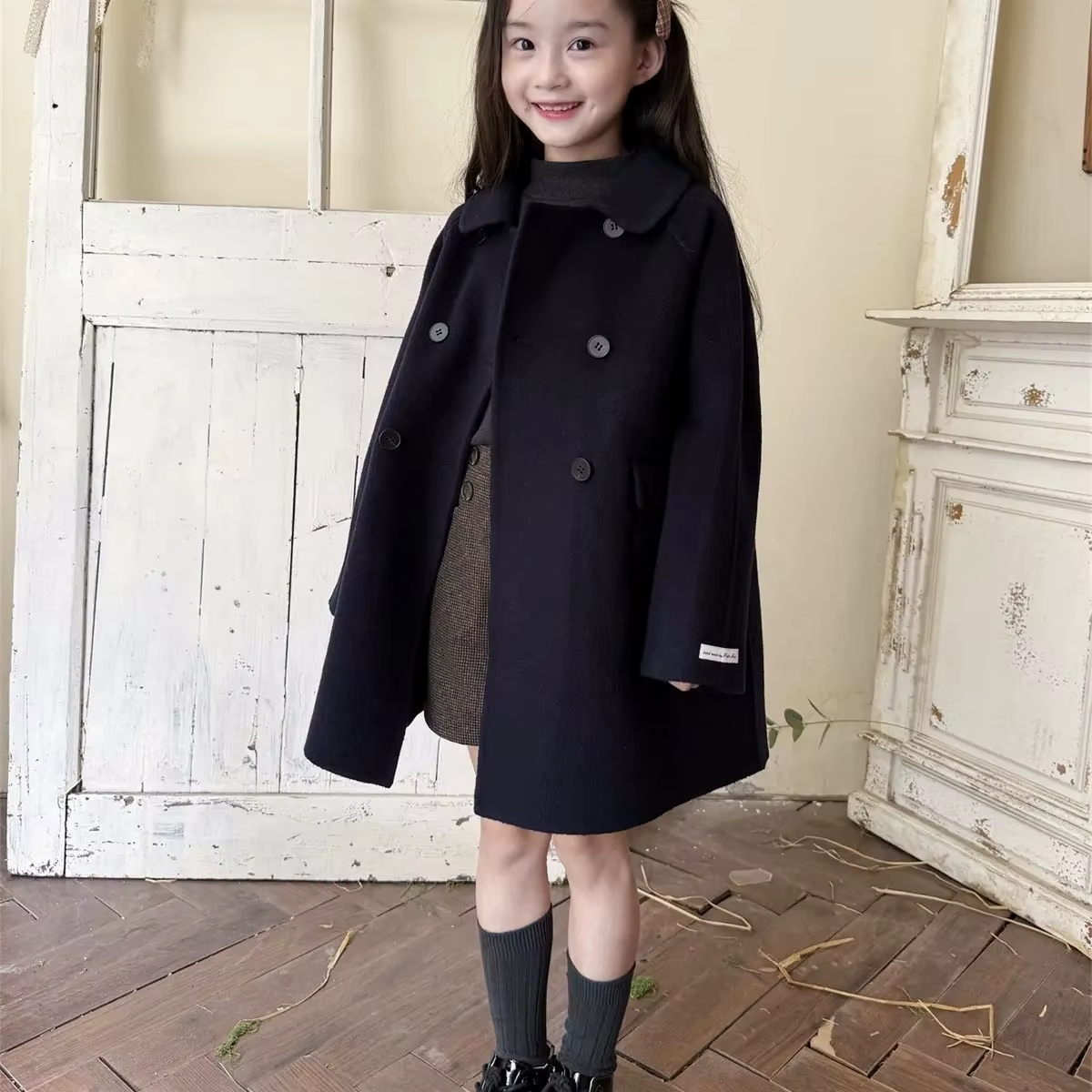 Manteau en Laine Double Boutonnage pour Filles, Nouvelle Mode, Col Claudine, Double Face, Veste Mi-Longue Polyvalente pour Enfants