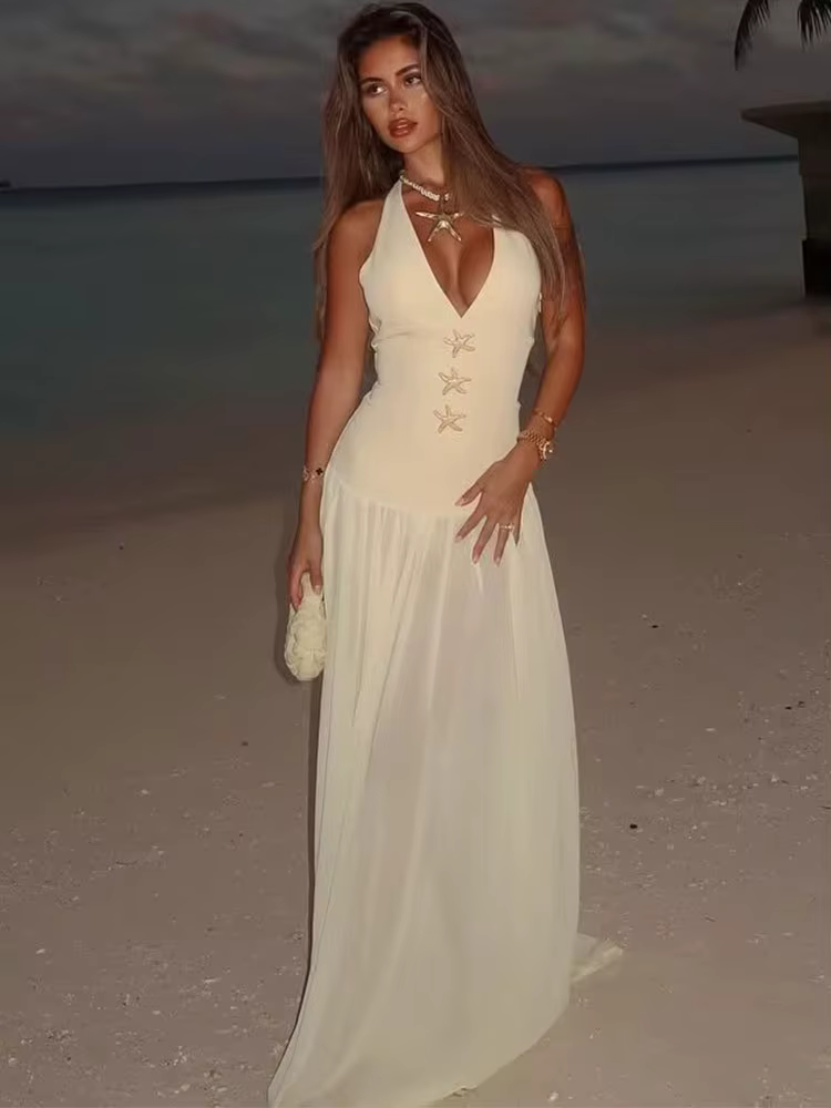 HH 2025 été licou cou robe pour les femmes mode nouveau solide serré longues robes femme Vintage élégant femme robe robes