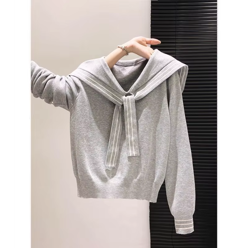 Pull tricoté bleu marine pour femme, coupe ample, style décontracté, col de marin, polyester, automne, occasions spéciales