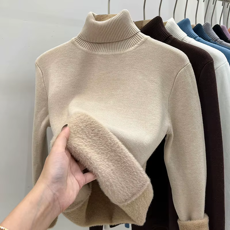 2024 col roulé hiver pull femmes élégant épaissir velours doublé chaud Sueter tricoté