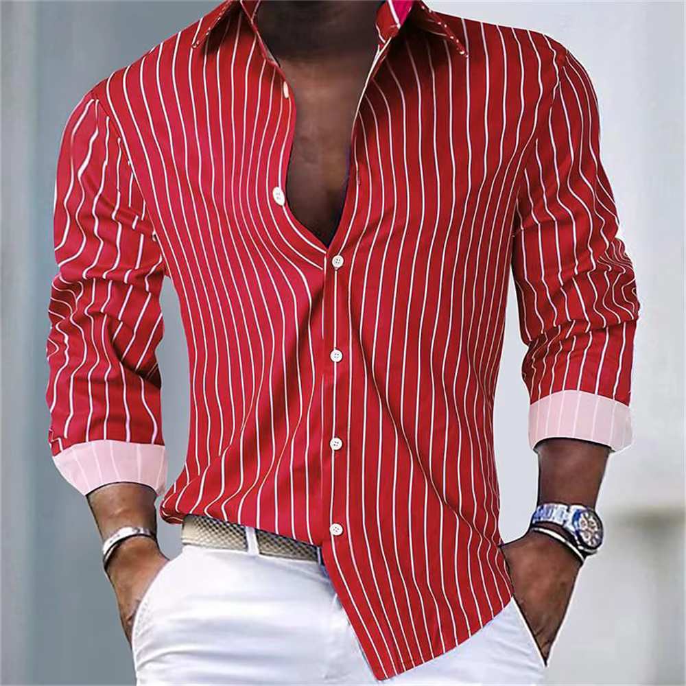Chemise pour hommes avec lignes imprimées haute définition, col à manches longues pour hommes d'affaires décontractés à la mode, chemise de haute qualité