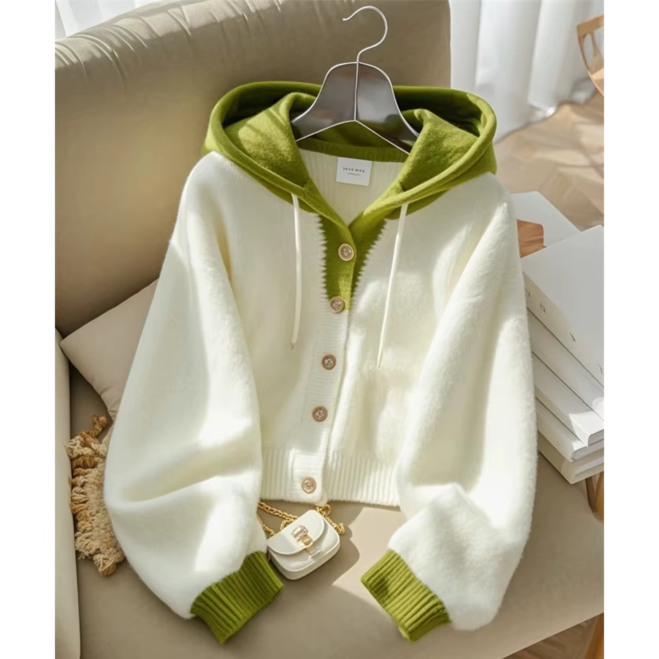 Cardigan tricoté à capuche épissé rose et blanc pour femme