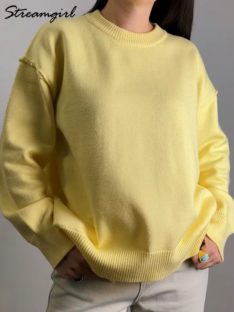 Chandails surdimensionnés marron pour femmes hiver épais jaune pull femme automne chaud ample col rond dames