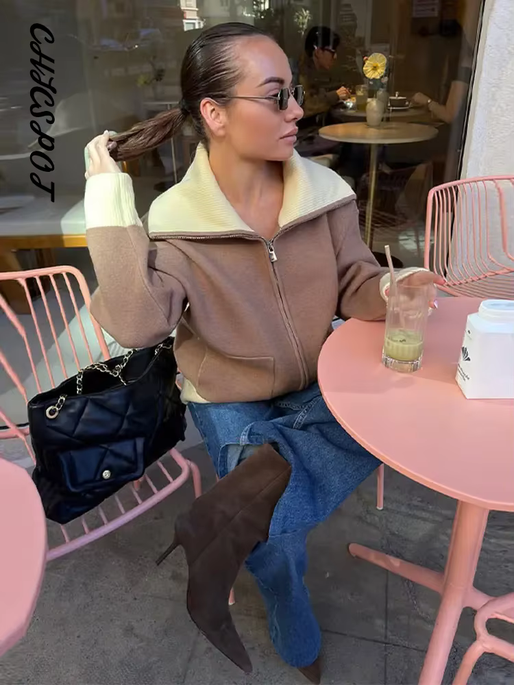 Cardigan zippé en maille à empiècements pour femme
