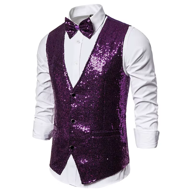 Gilet de luxe pour homme, col en V, coupe ajustée, scintillant, uni, avec nœud papillon, pour mariage, fête, cérémonie, veste sans manches