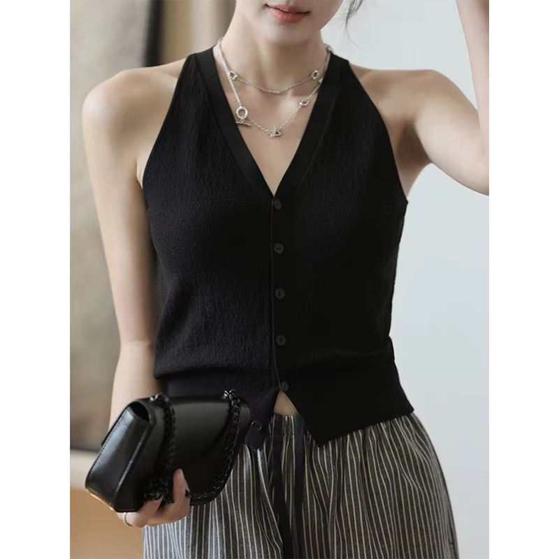 Pull gilet pour femmes doux tricoté bouton avant col en v sans manches Blouse femme décontracté français Chic tenue à la mode