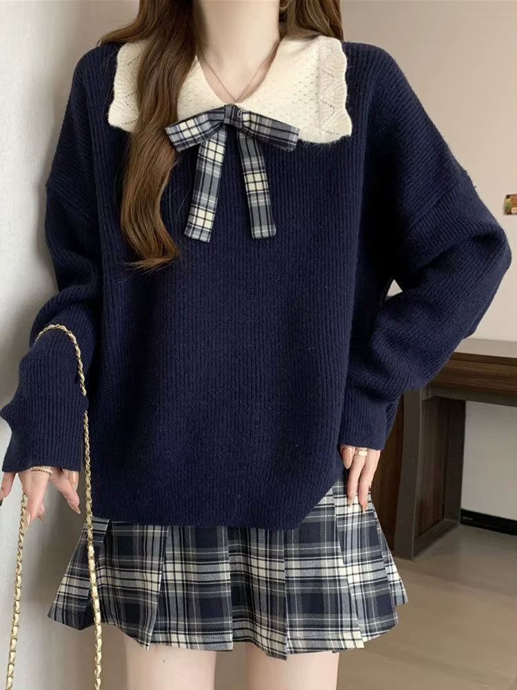 Pull oversize bleu marine pour femme col Claudine col Peter Pan nœud à carreaux pull chaud automne hiver confortable et élégant pour les sports et les journées d'école