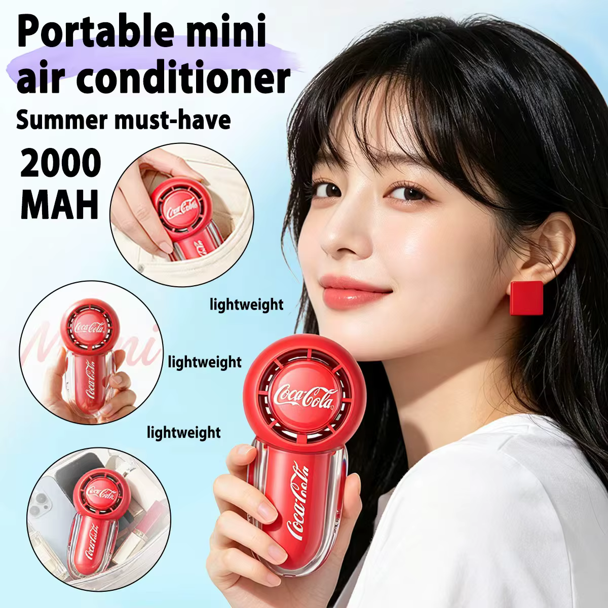Mini ventilateur portatif Coca-Cola, ventilateur de poche rechargeable par USB 2000mAh, vent super puissant, 3 vitesses, longue durée de vie de la batterie, pour les voyages en plein air