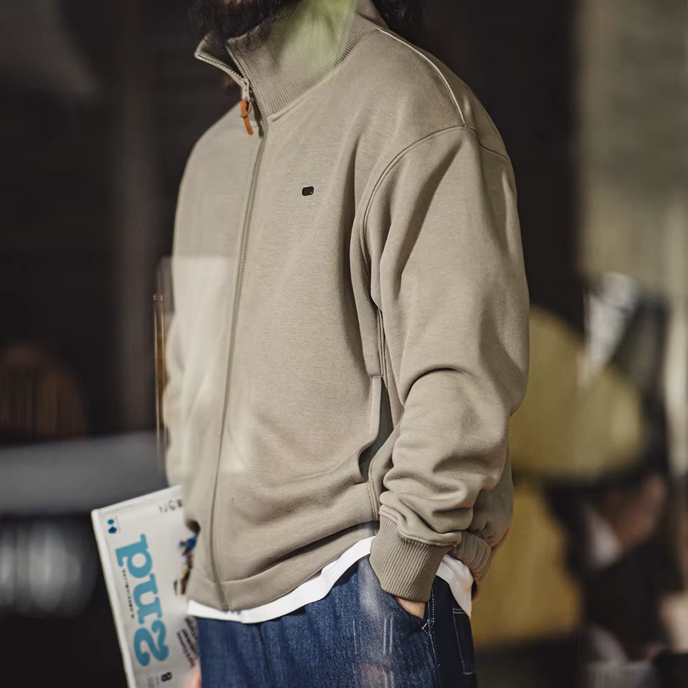 Maden Veste masculine à col haut chaude Doublure polaire épaisse vêtement extérieur Cardigan sportif style décontracté Veste tennis rétro