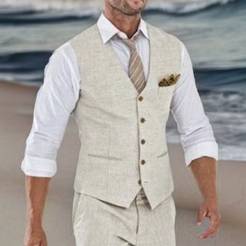 Gilet de costume en lin Beige pour hommes, gilet une pièce de plage d'été de mariage, col en V, coût de la mode masculine