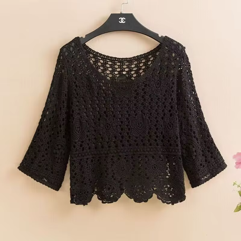 Pull tricoté fin ajouré pour femme printemps automne manteau court couvrir le ventre haut à capuche polyester motif géométrique mince F...