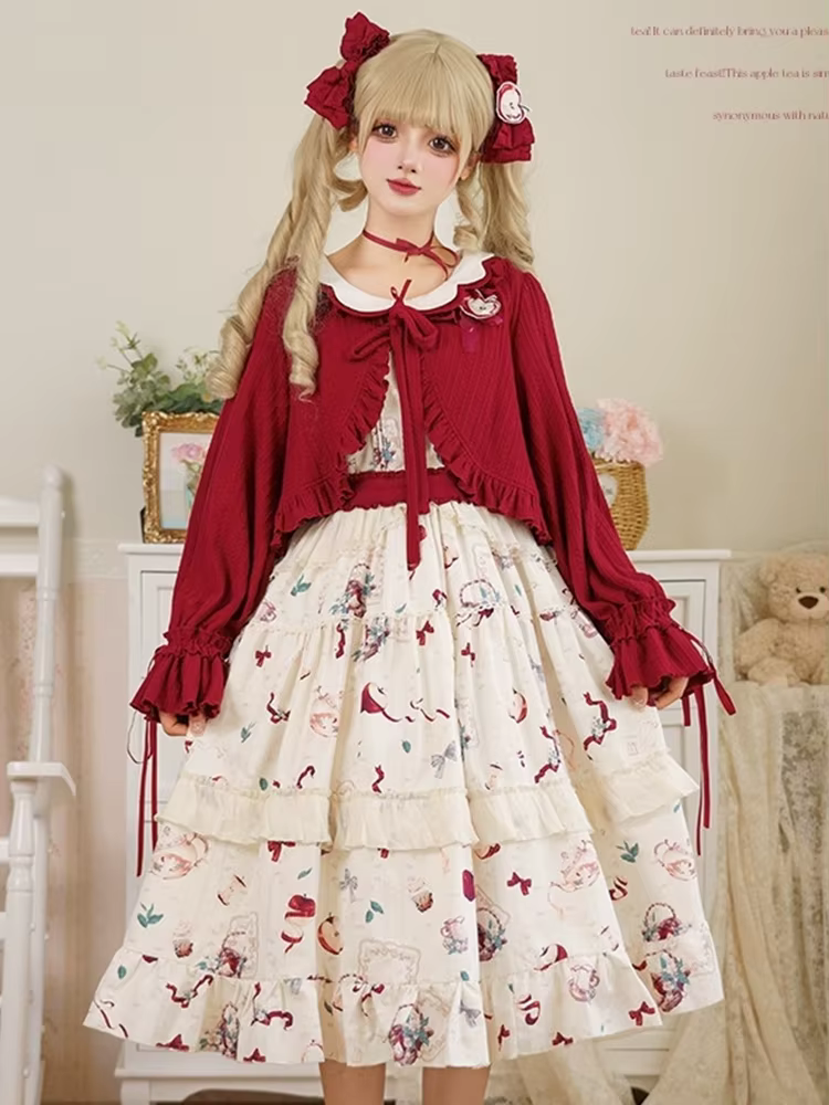 Kawaii Lolita Cardigan femmes japonais doux volants col en V culture hauts décontracté mignon nœud à manches longues tricoté manteau femme printemps nouveau
