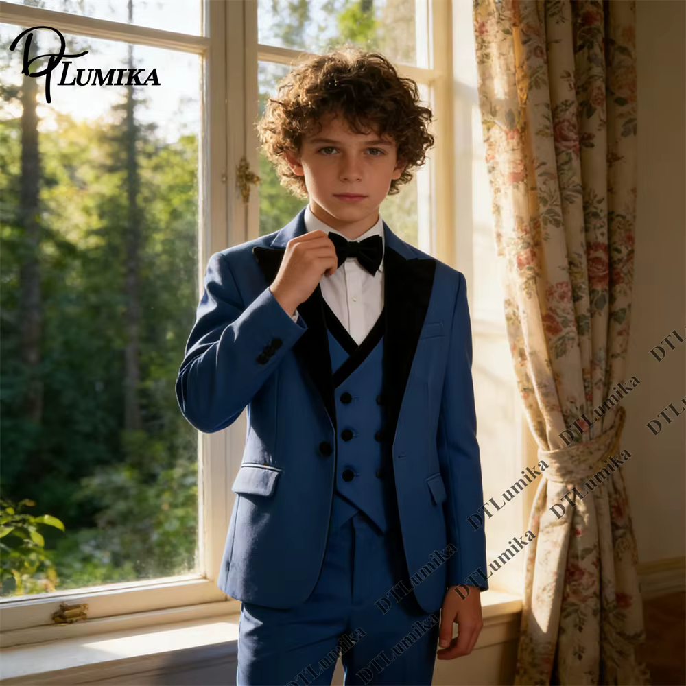 Costume 3 pièces vert sauge pour garçons, veste à revers en velours, gilet et pantalon, tenue de pageboy pour tout-petits, tailles 3T-14T, pour mariage, anniversaire, remise de diplôme