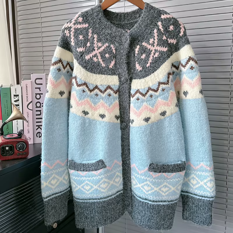 Cardigan tricoté en Jacquard bleu pour femme