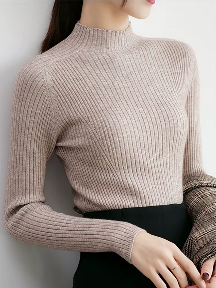 Femmes côtelé tricoté chandails 2026 automne hiver pull col montant à manches longues mince