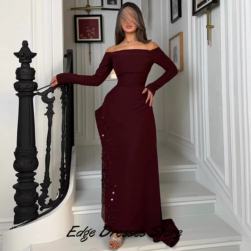 Robe de soirée rêveuse à col bateau et manches longues, scintillante, personnalisée, à sequins, robe de bal de promo, robe sirène classique en jersey, robes de célébrités