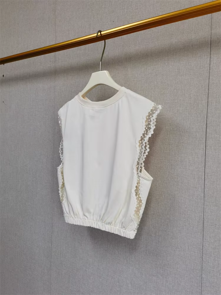 T-shirt sans manches en maille à bordure dentelle pour femme, col rond cintré, collection été 2026