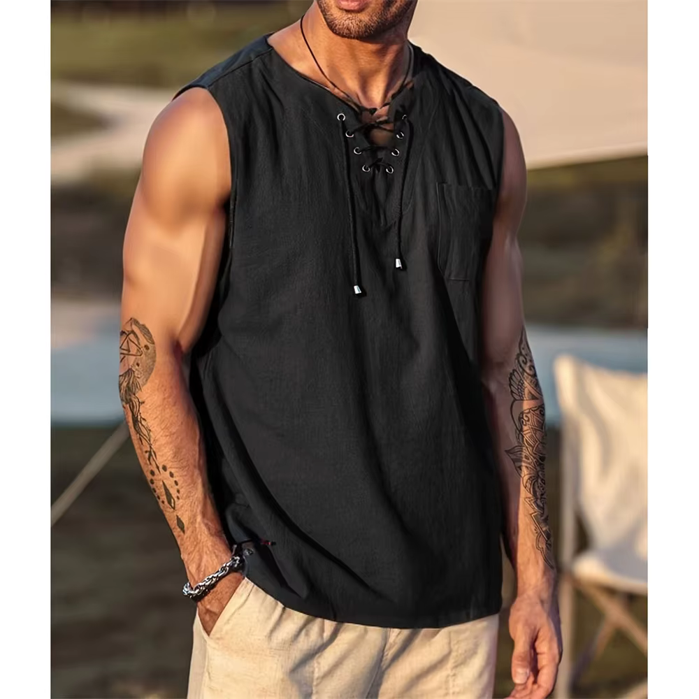 T-shirt sans manches en coton et lin pour hommes, Vintage, col en v, respirant, léger, Style basique, débardeur décontracté