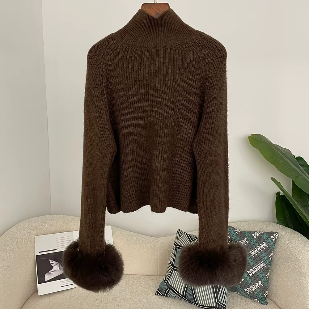 DEBAIFUR 2025 nouveau hiver doux pull fourrure de renard manchette dame mode Cardigan comprend laine femmes col haut