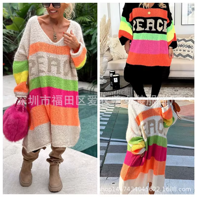 Pull tricoté Extra Long à rayures arc-en-ciel pour femme