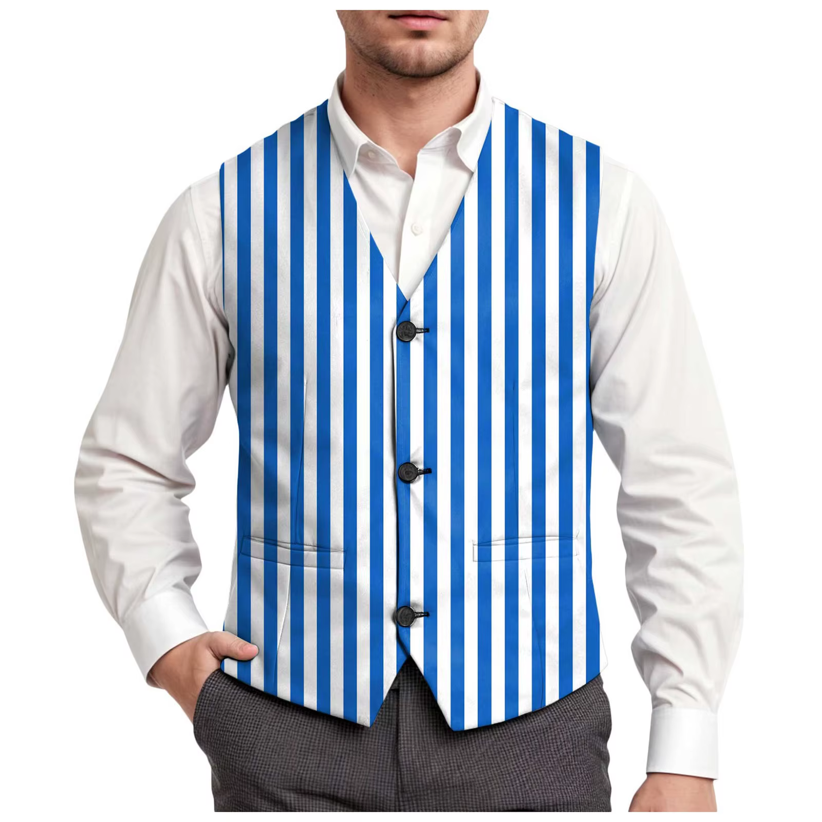 Gilet de Costume Homme Formel Business Rayé Slim Chic Col V Simple Boutonnage Sans Manches pour Mariage