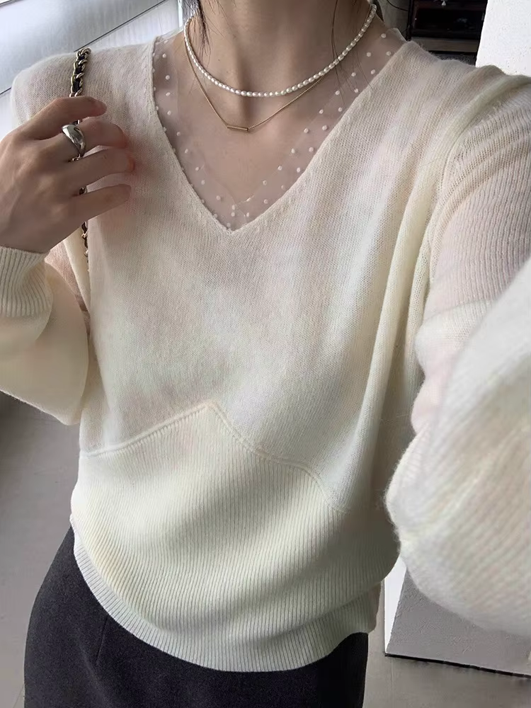 Pull coréen Patchwork à pois col en v pulls femmes Sueter Mujer à manches longues doux