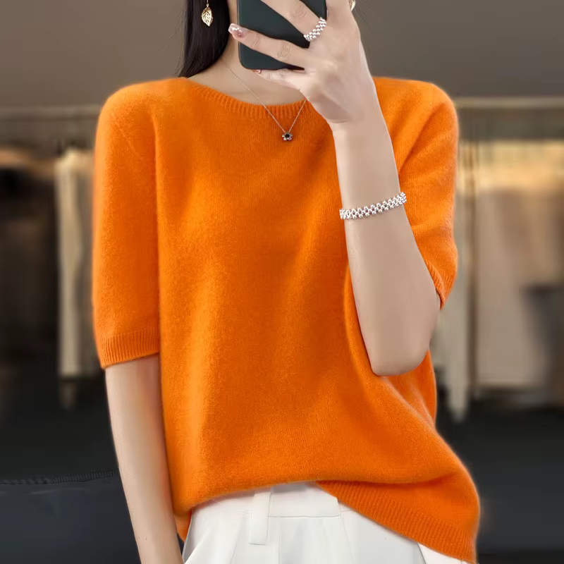 Pull court en cachemire à manches mi-longues pour femme