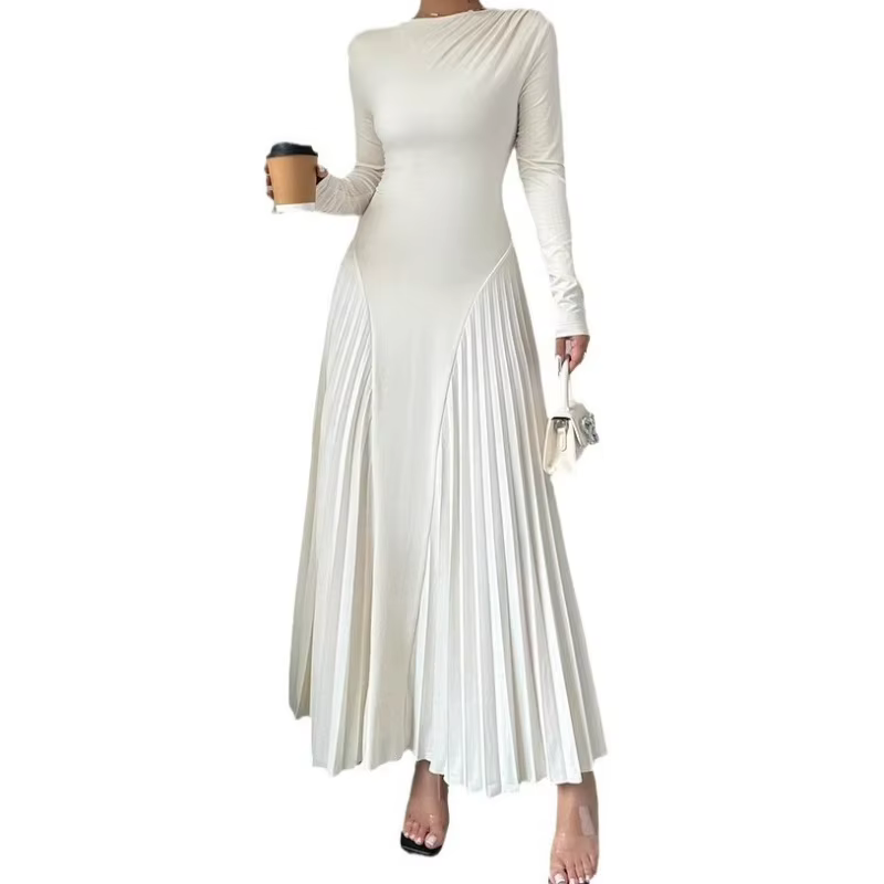 Robe tricotée à manches longues pour femmes, tenue élégante plissée pour Banquet d'automne