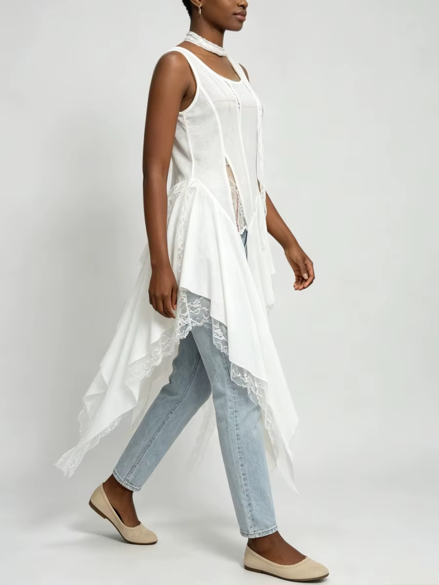 Nouveau Gilet Chic VGH en Dentelle Ample et Épissée pour Femme, Col Rond, Sans Manches, Coupe Irrégulière, Style Tendance Estival Féminin