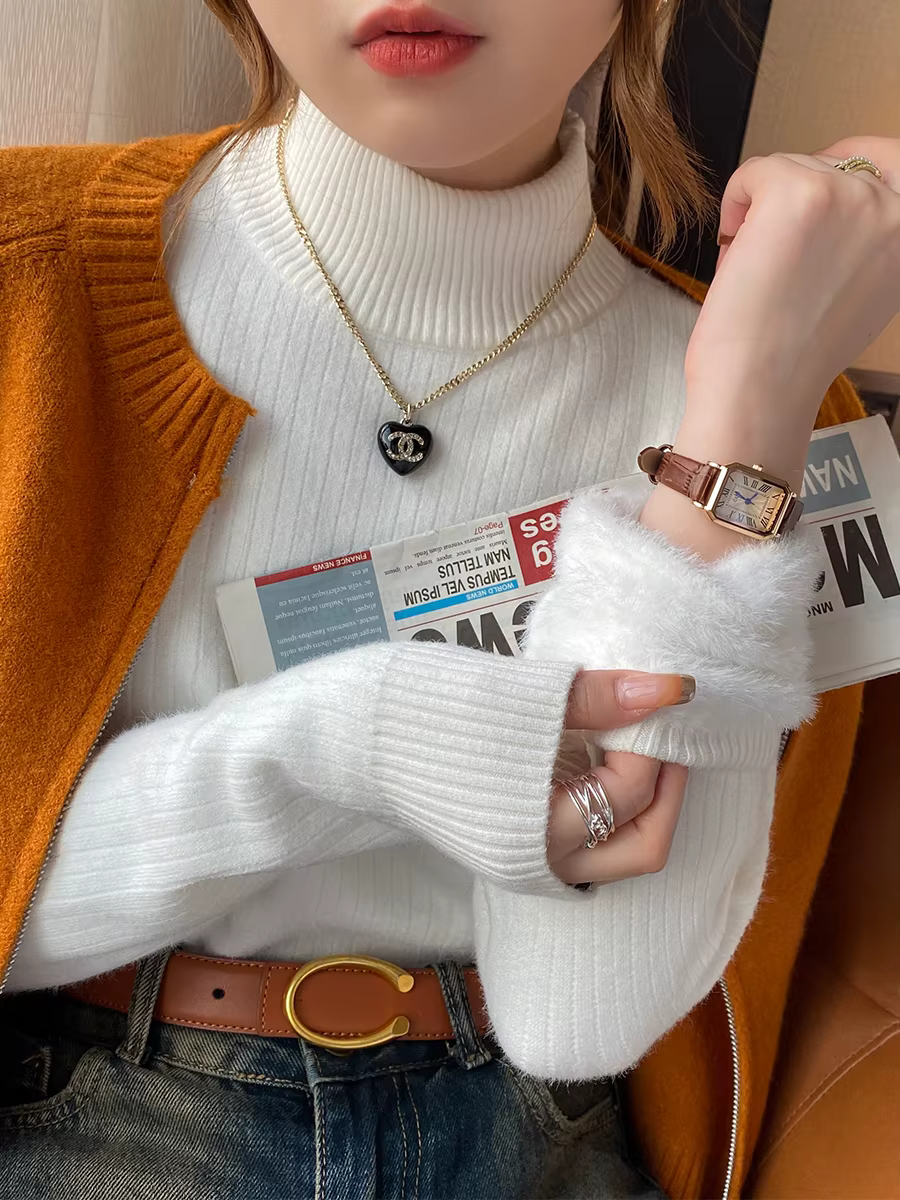 Pull col roulé pour femme Hiver 2026 Rétro avec doublure en velours