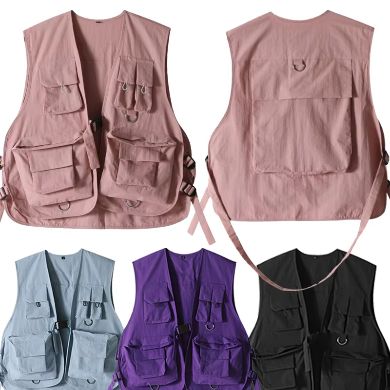 Gilet tactique rose pour femmes, vêtements de travail multi-poches, haut tendance décontracté, coupe ample, streetwear d'automne pour l'extérieur