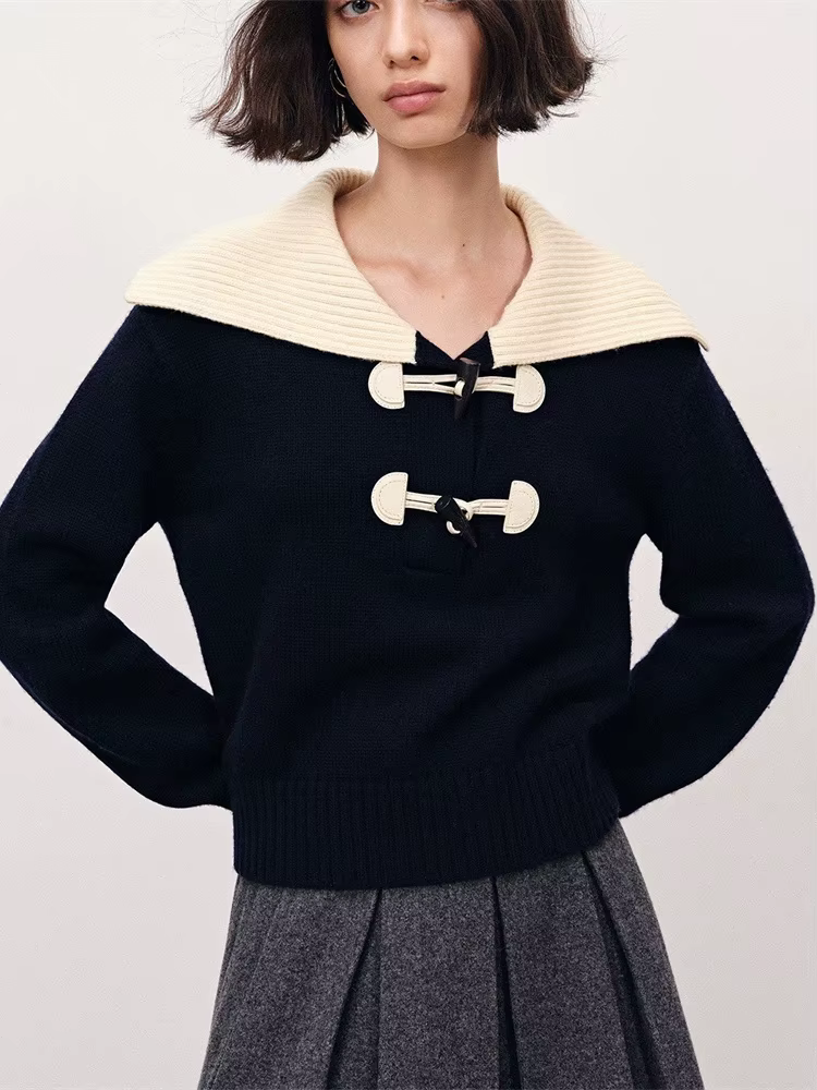 Pull tricoté en laine pour femmes, couleur contrastée, col marin, manches longues, boucle en corne, court, haut en tricot